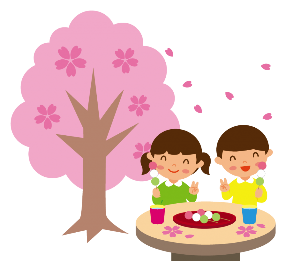 お花見でお団子を食べる子どもたちのイラスト