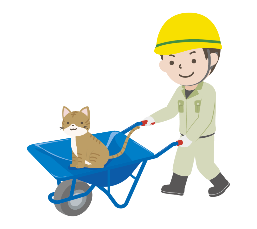 猫の乗った猫車を押して歩く男性作業員のイラスト