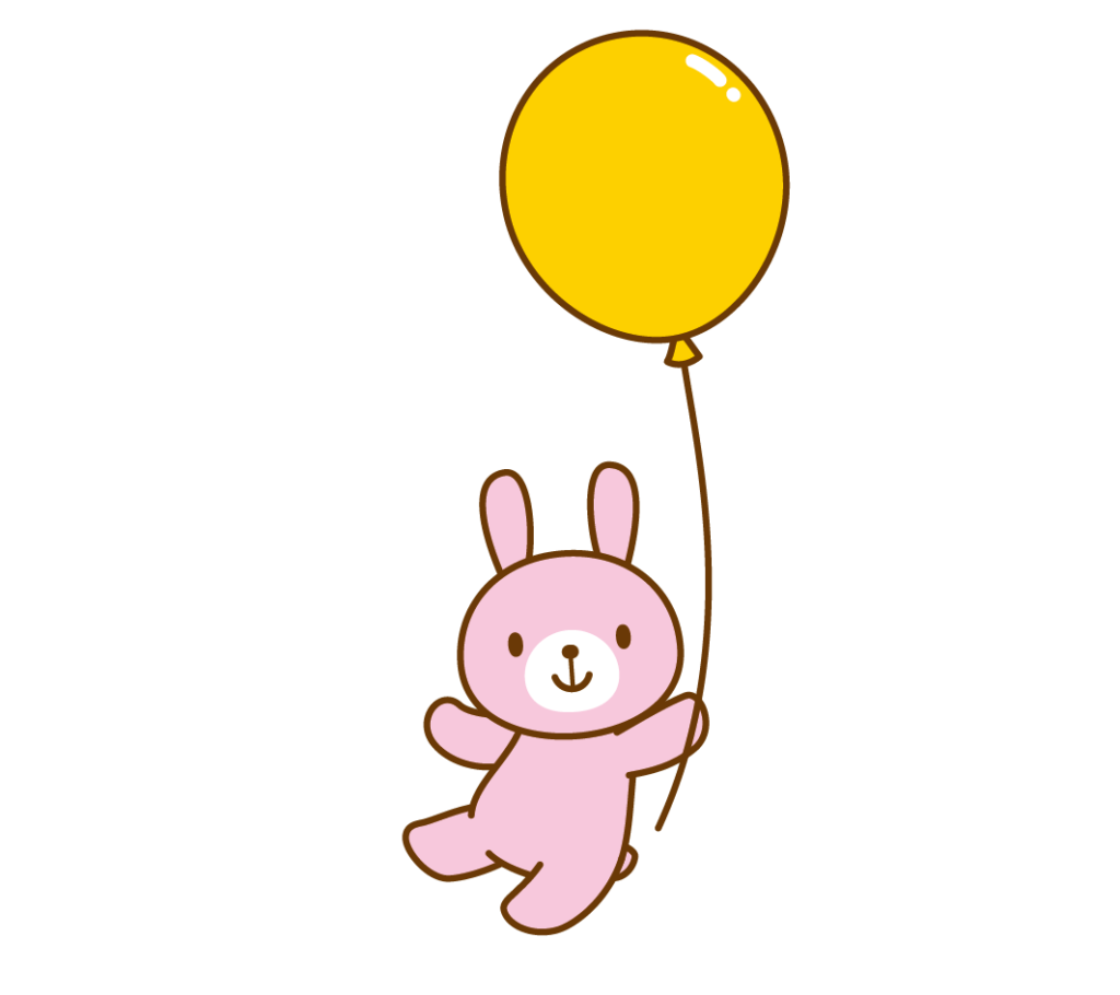 黄色の風船で空を飛ぶウサギのイラスト