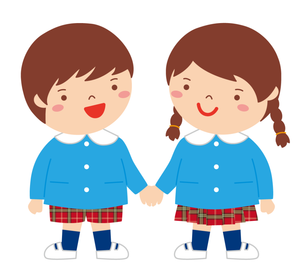 スモックを着た二人の男の子と女の子の園児のイラスト