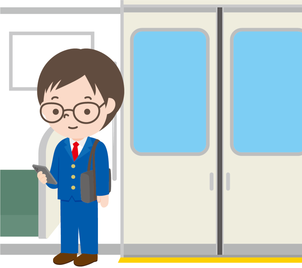 電車の中でスマホで勉強する学生の男の子のイラスト