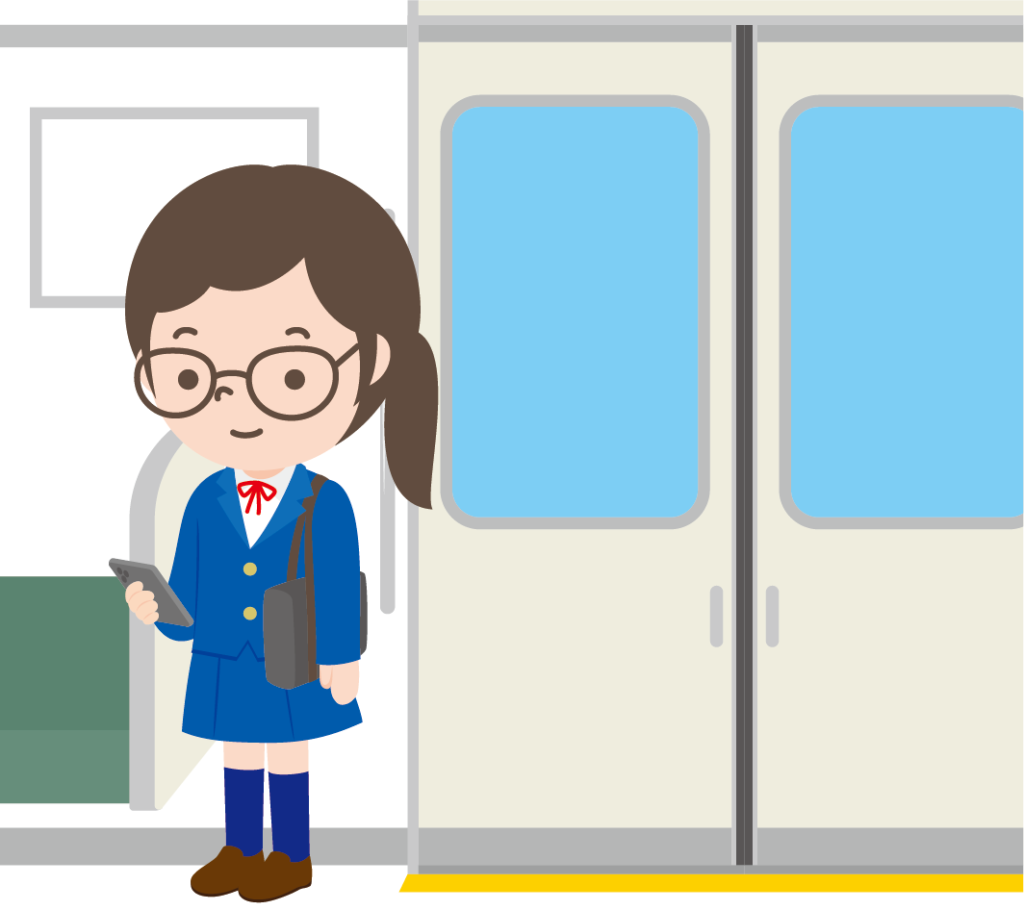 電車の中でスマホで勉強する学生の女の子のイラスト