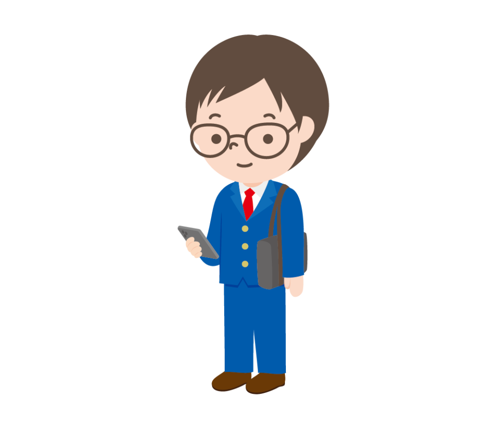 スマホで勉強する学生の男の子のイラスト