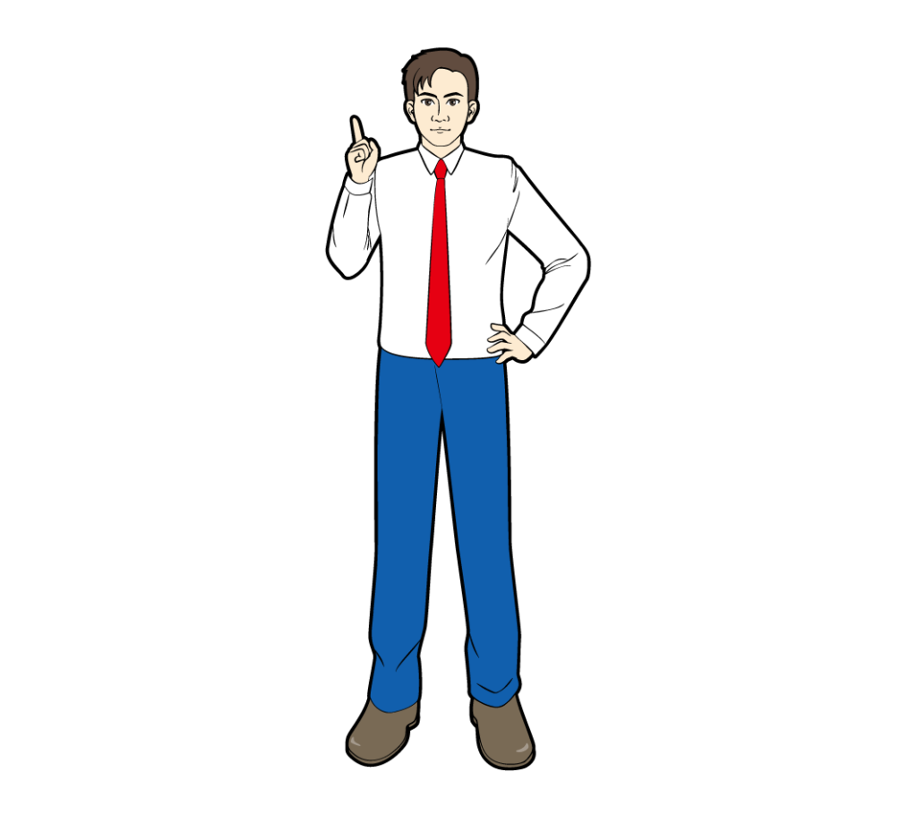 アメコミ風タッチ、指さししているシャツにネクタイ姿の男性のイラスト