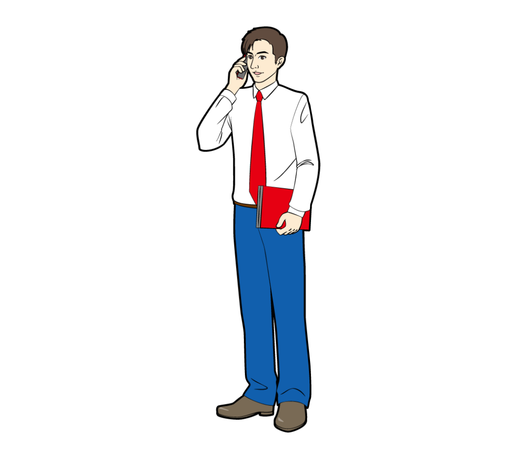 アメコミ風タッチの、電話するシャツにネクタイ姿の男性のイラスト